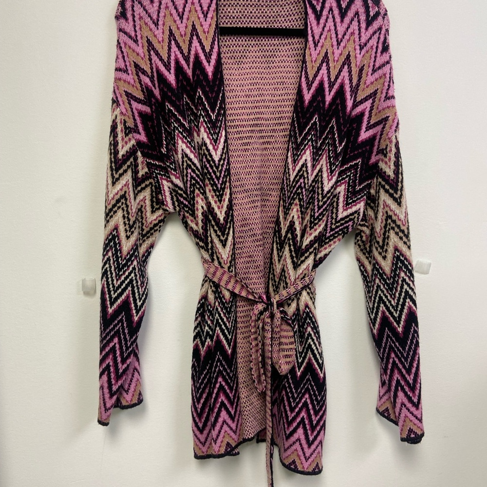 Pink Chevron Open-Front Belted Cardigan Sweater